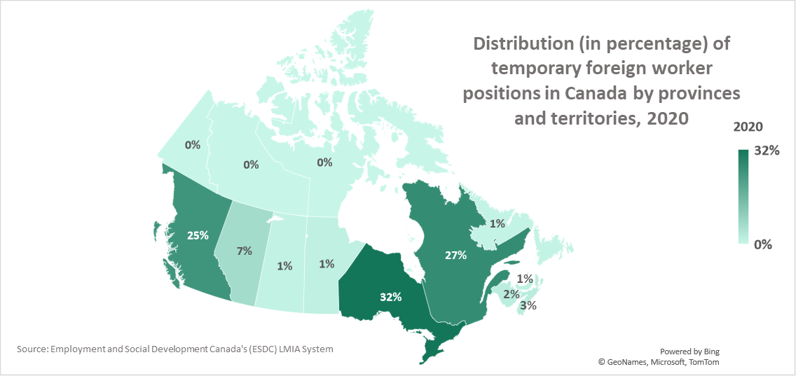 Distribution (in percentage) of Temporary Foreign Worker Positions in Canada in 2020