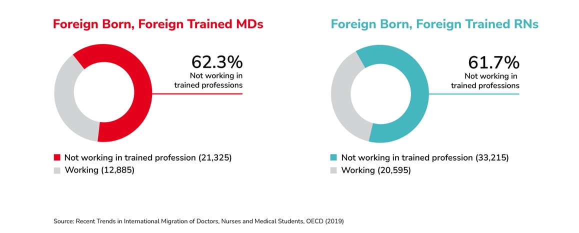 Comparison of Physicians and Nurses Working and Not Working in their Trained Occupations by Place of Birth and Training, 2016