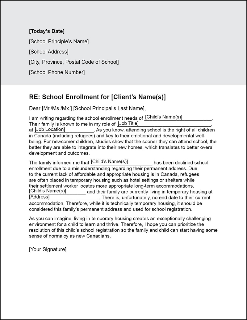 School Enrolment Template Letter