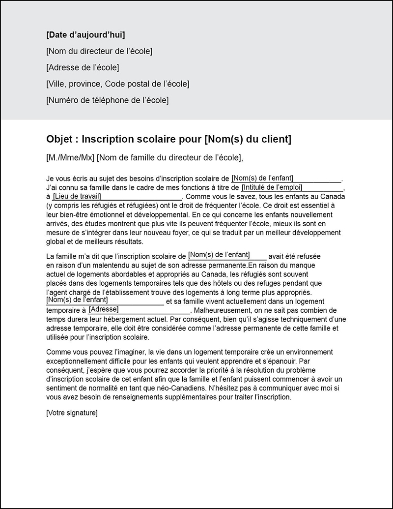 Télécharger le modèle de lettre d'inscription à l'école