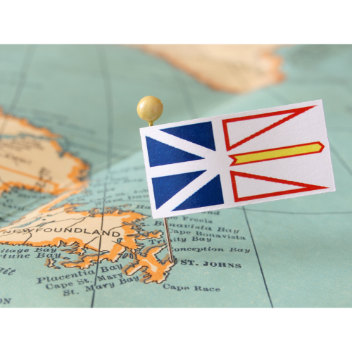 Map and flag of Newfoundland and Labrador