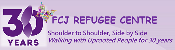 Purple banner reading "FCJ Refugee Centre" Shoulder to Shoulder, Side by Side, Walking with Uprooted People for 30 Years