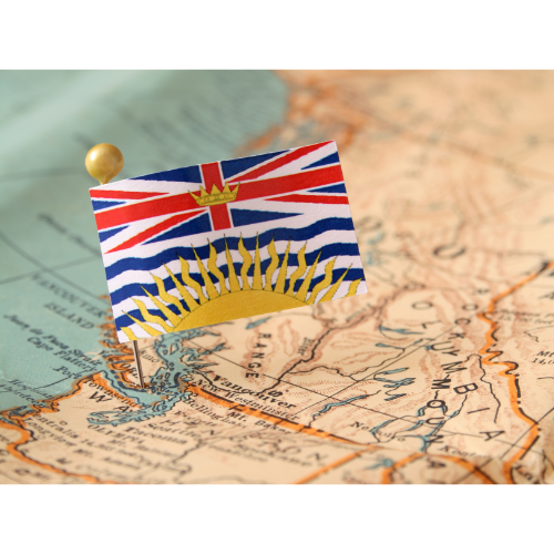 Flag of British Columbia on map of British Columbia