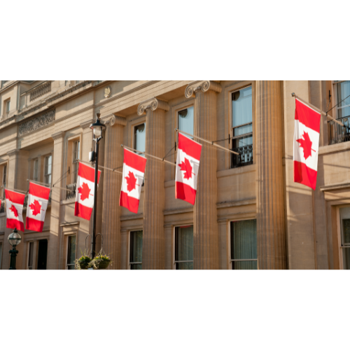 Building with line of Canadian flags