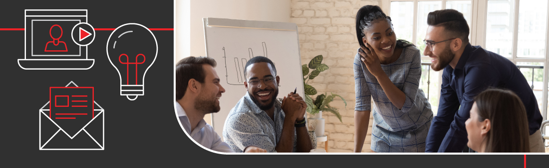 4 people talking around table with N4 icons frame