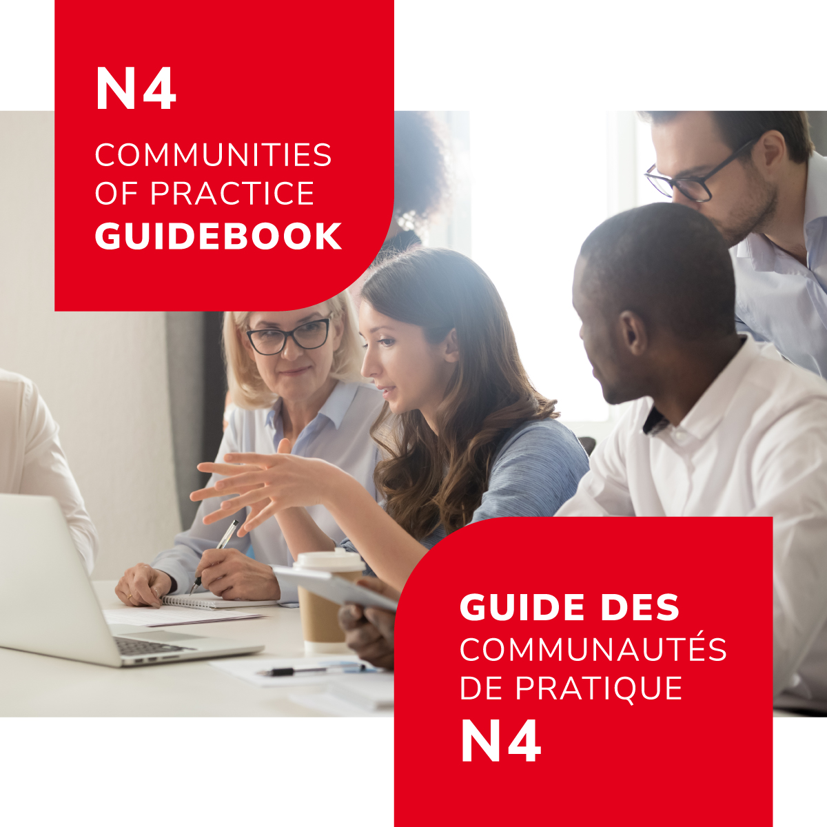 image of "n4 communites of practice guidebook" written on red background with people talking around a computer screen