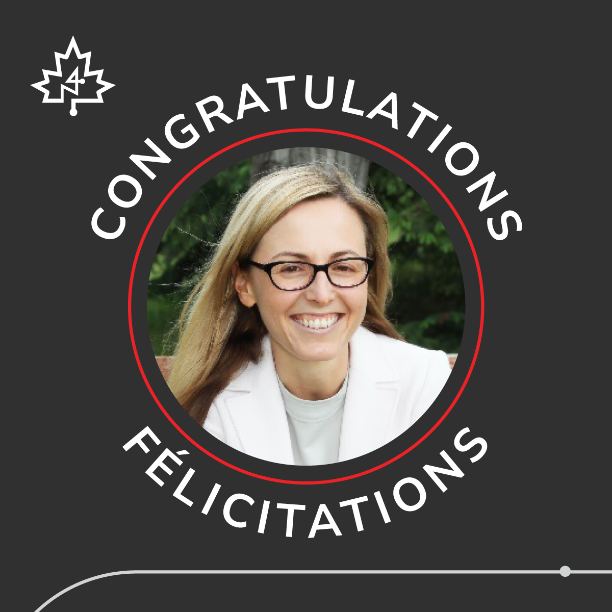 Photo of Dr. Annalee Coakley in frame that says "Congratulations" in French and English