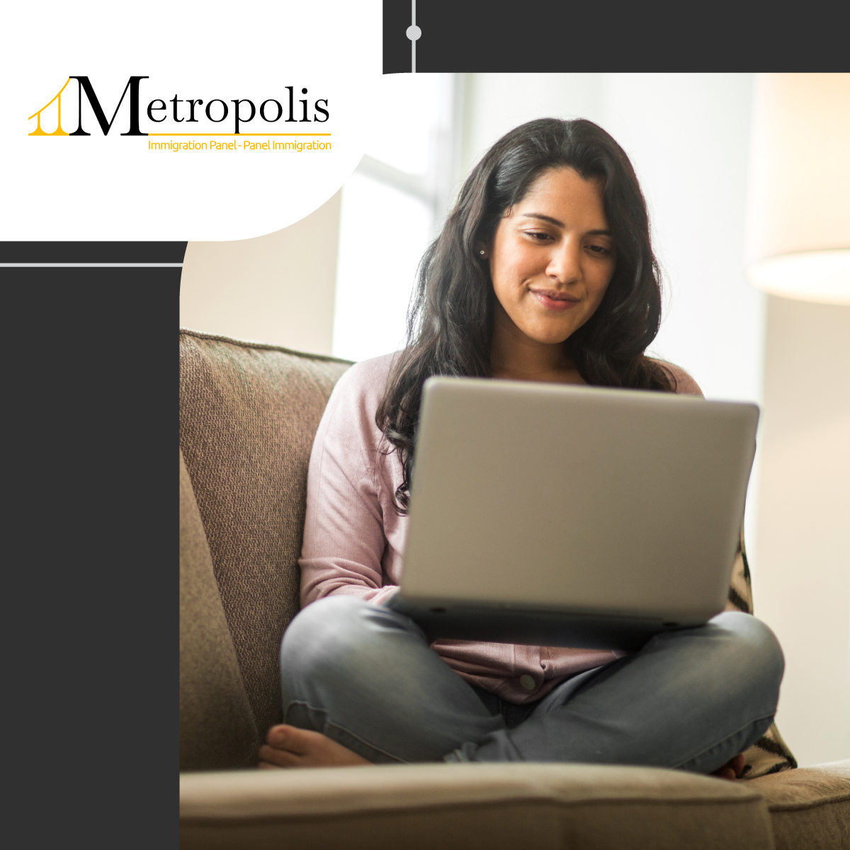 Woman sitting on couch with laptop on lap and Metropolis Institute logo in background